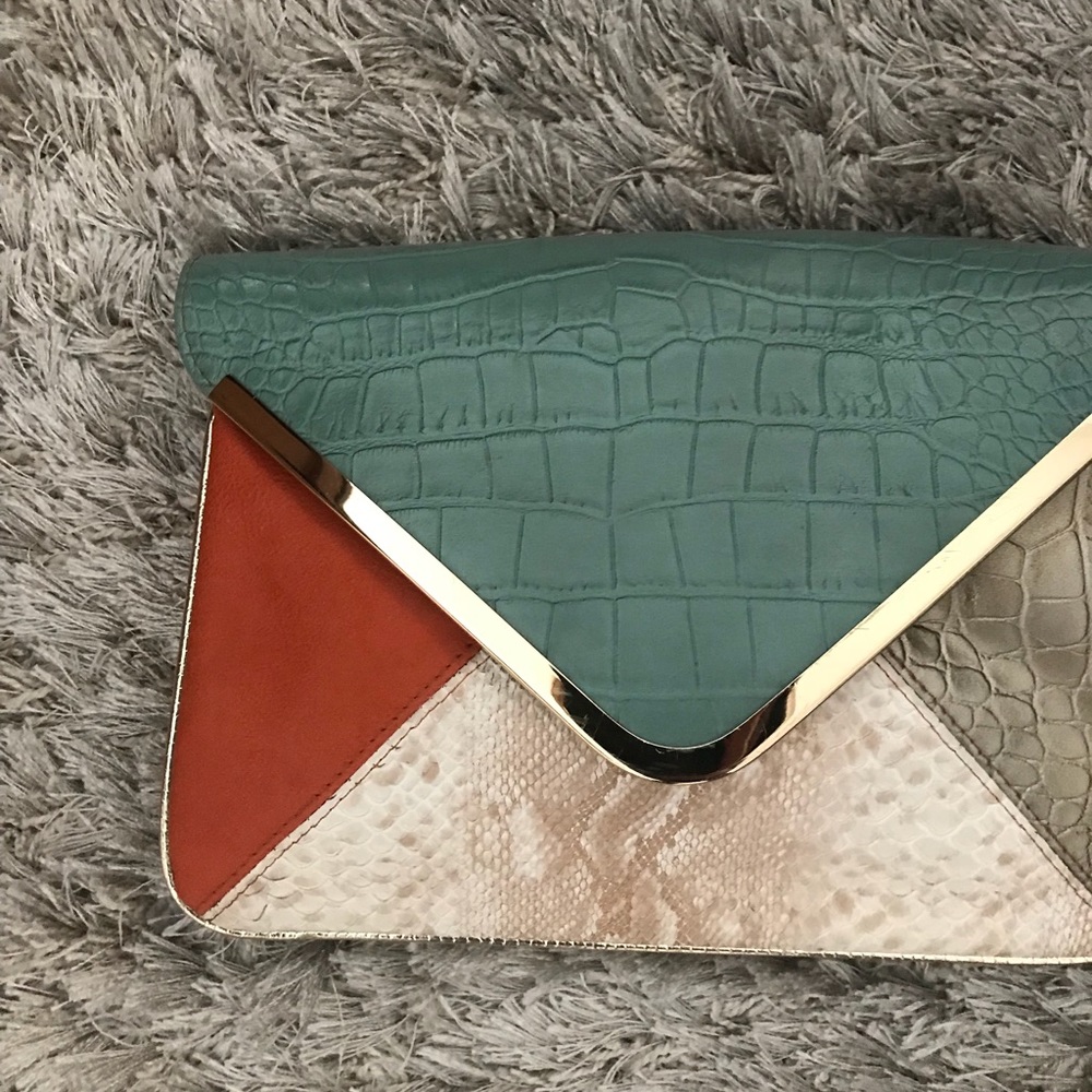 Faux snakeskin colorblock clutch